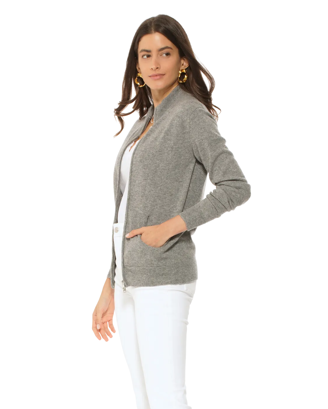Oprah Daily - Women's Cashmere Zip Cardigan Medium Grey