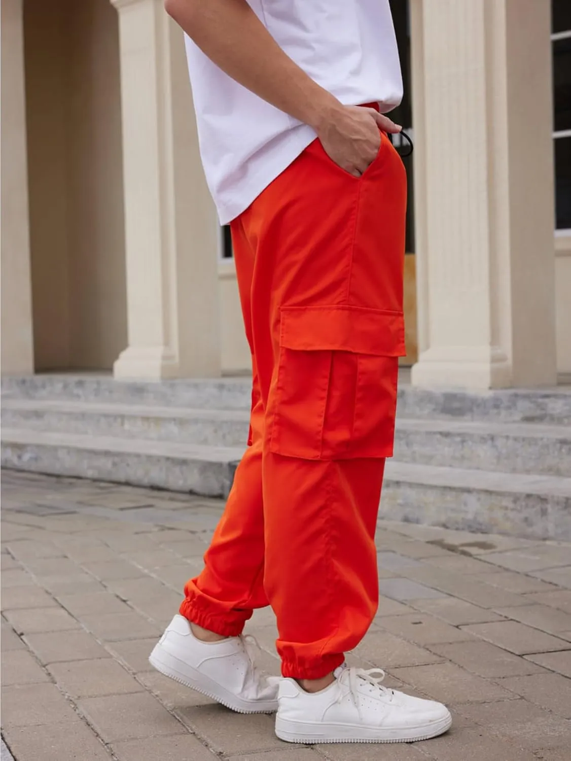 OYOANGLE Men's Drawstring Waist Flap Pocket Jogger Cargo Pants Streetwear Trousers Casual Pants