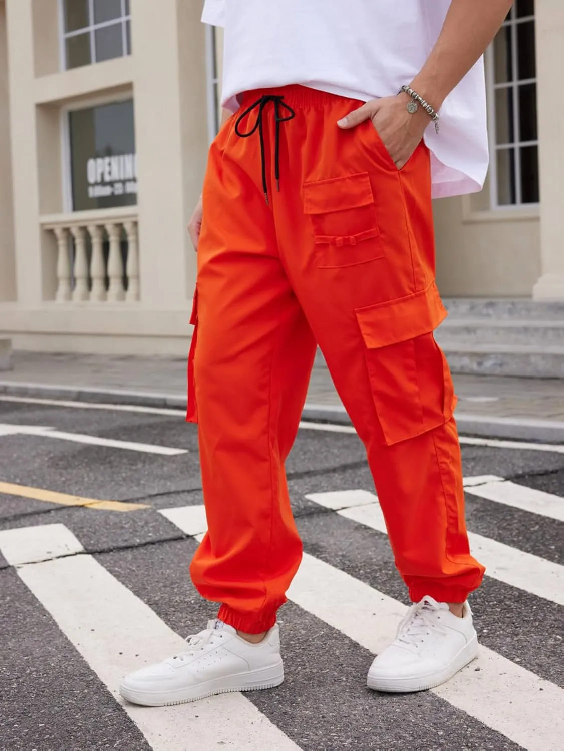 OYOANGLE Men's Drawstring Waist Flap Pocket Jogger Cargo Pants Streetwear Trousers Casual Pants