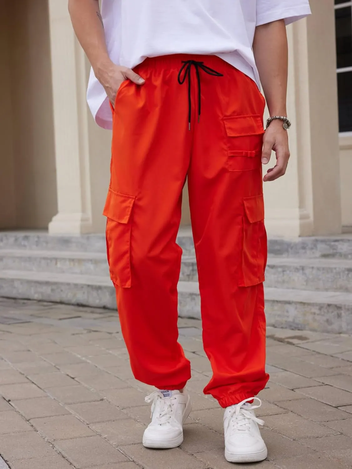 OYOANGLE Men's Drawstring Waist Flap Pocket Jogger Cargo Pants Streetwear Trousers Casual Pants