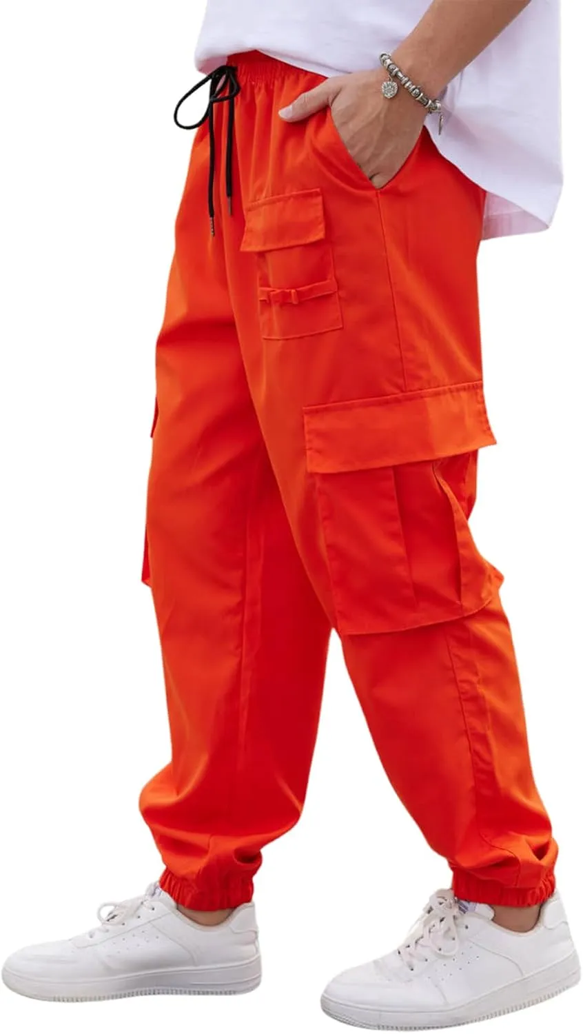 OYOANGLE Men's Drawstring Waist Flap Pocket Jogger Cargo Pants Streetwear Trousers Casual Pants