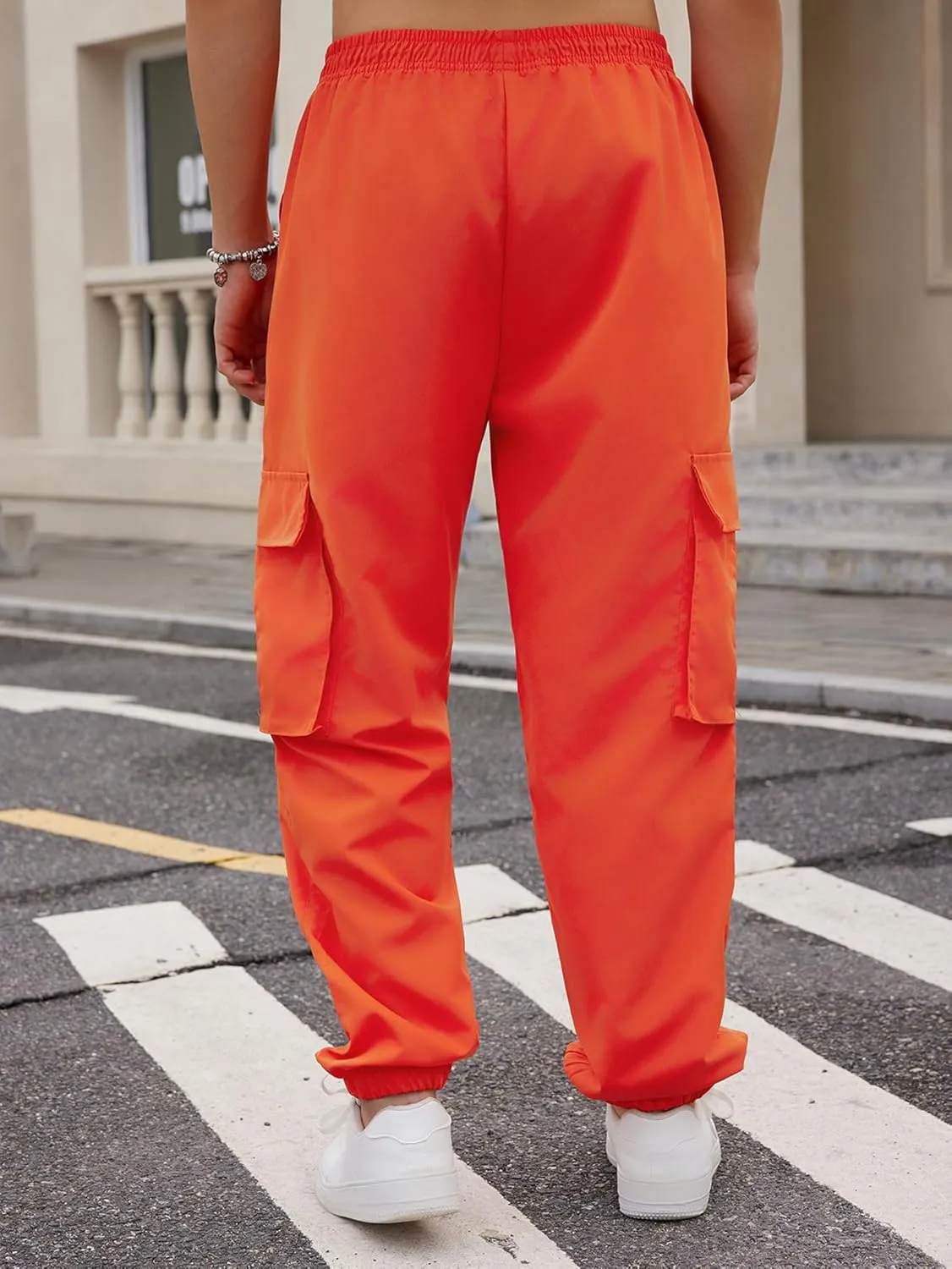 OYOANGLE Men's Drawstring Waist Flap Pocket Jogger Cargo Pants Streetwear Trousers Casual Pants
