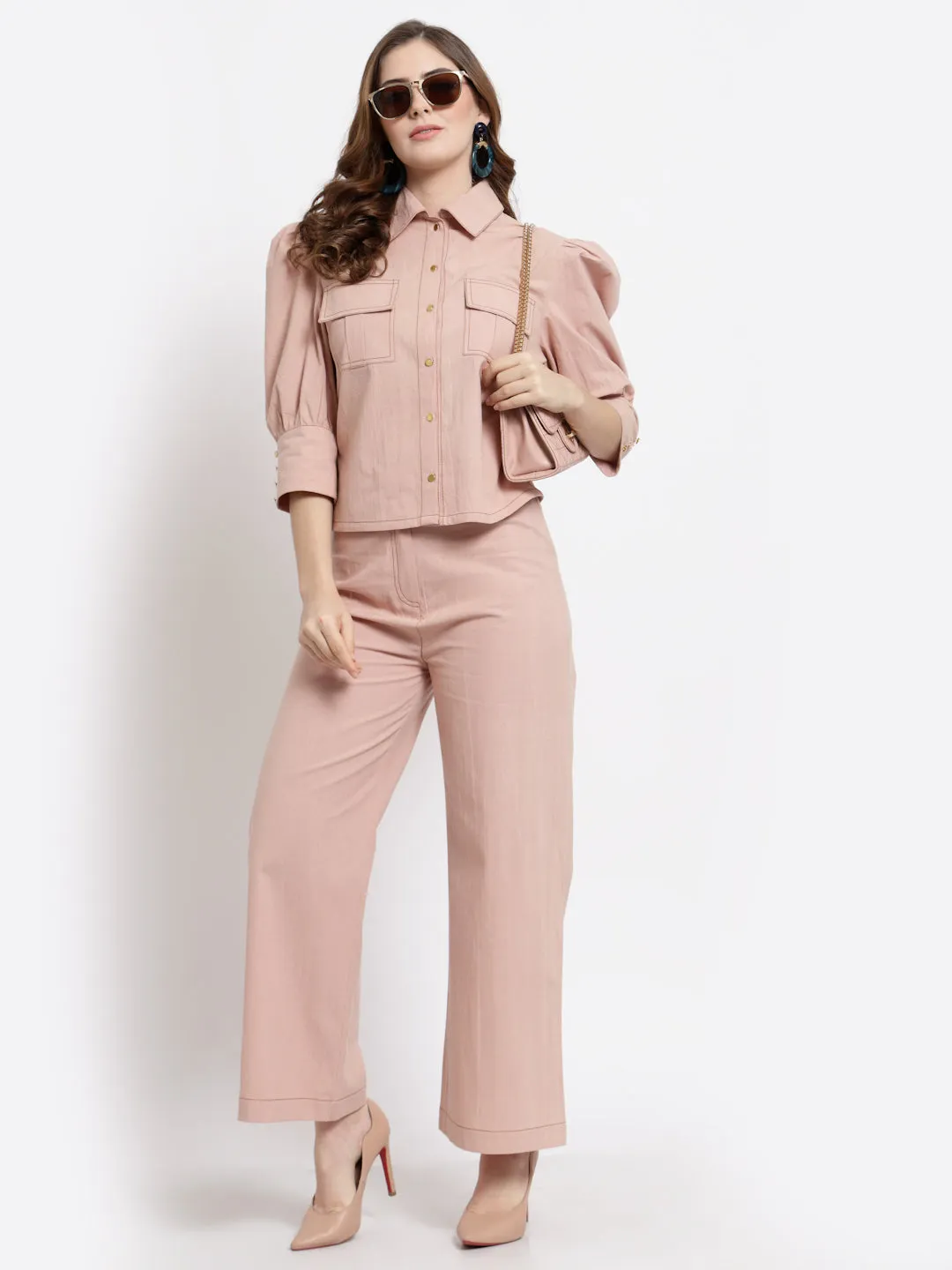 Peach Shirt With Trouser Set