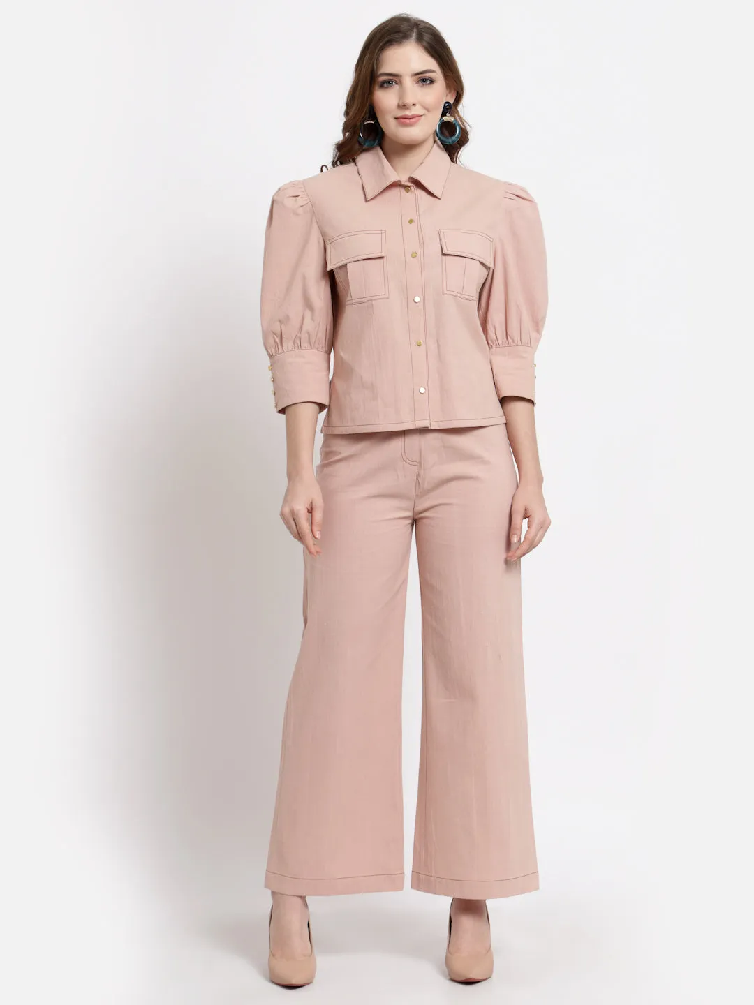 Peach Shirt With Trouser Set
