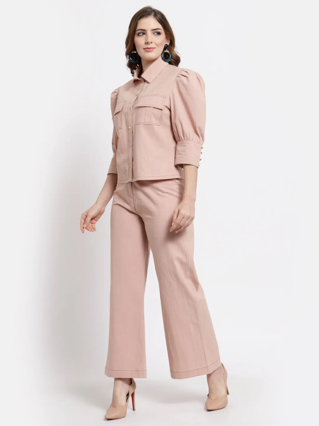Peach Shirt With Trouser Set