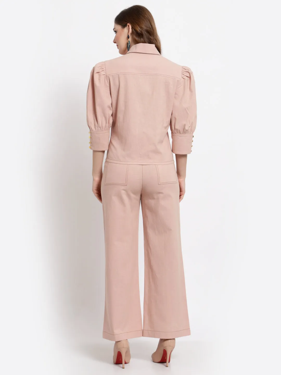 Peach Shirt With Trouser Set
