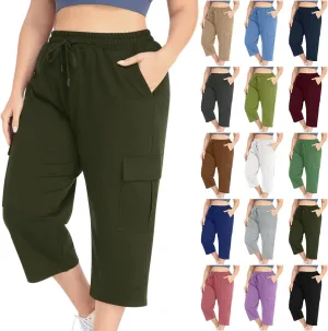 Plus Size Capri Pants for Women Stretch Cropped Cargo Pants Drawstring Elastic Waist Wide Leg Loose Comfy Joggers