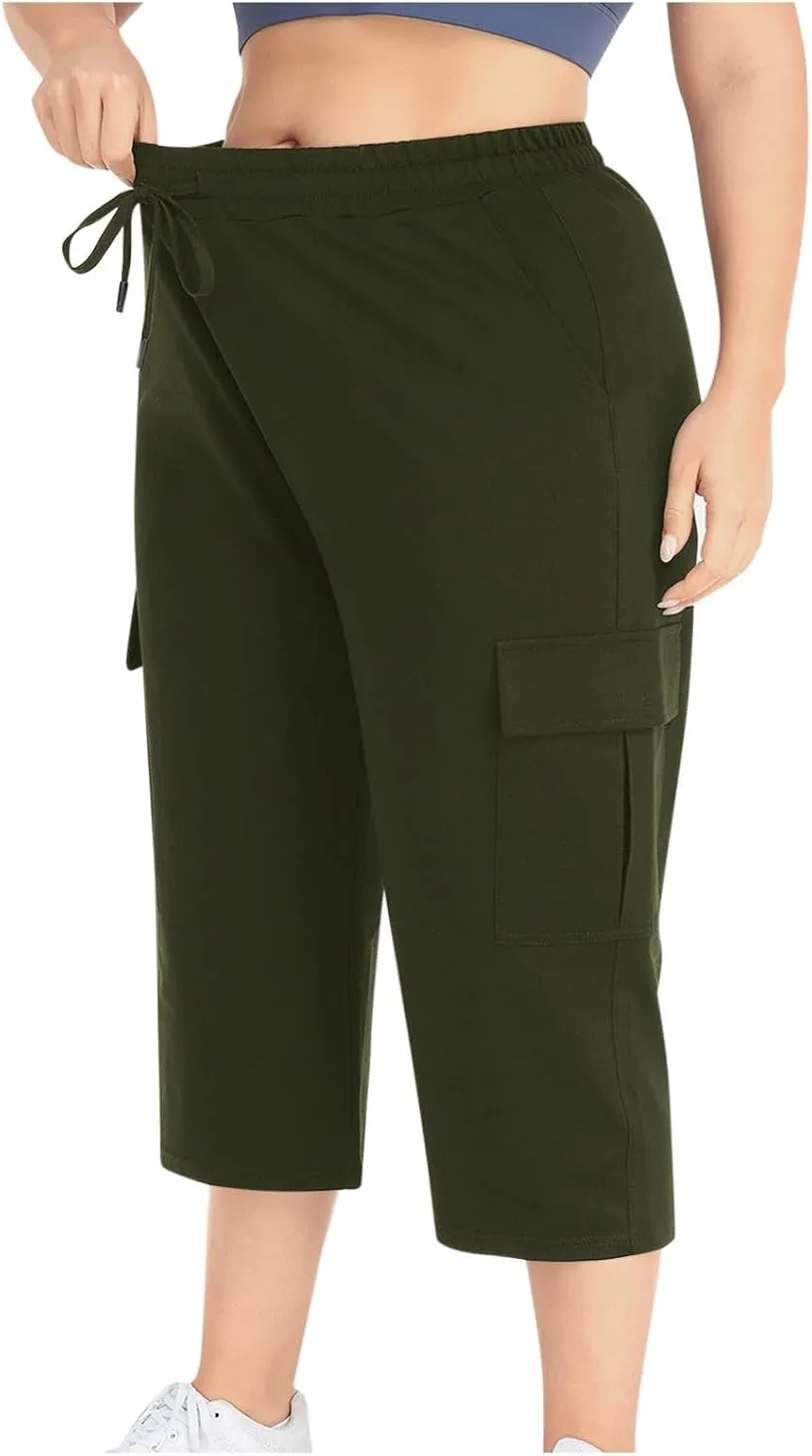 Plus Size Capri Pants for Women Stretch Cropped Cargo Pants Drawstring Elastic Waist Wide Leg Loose Comfy Joggers