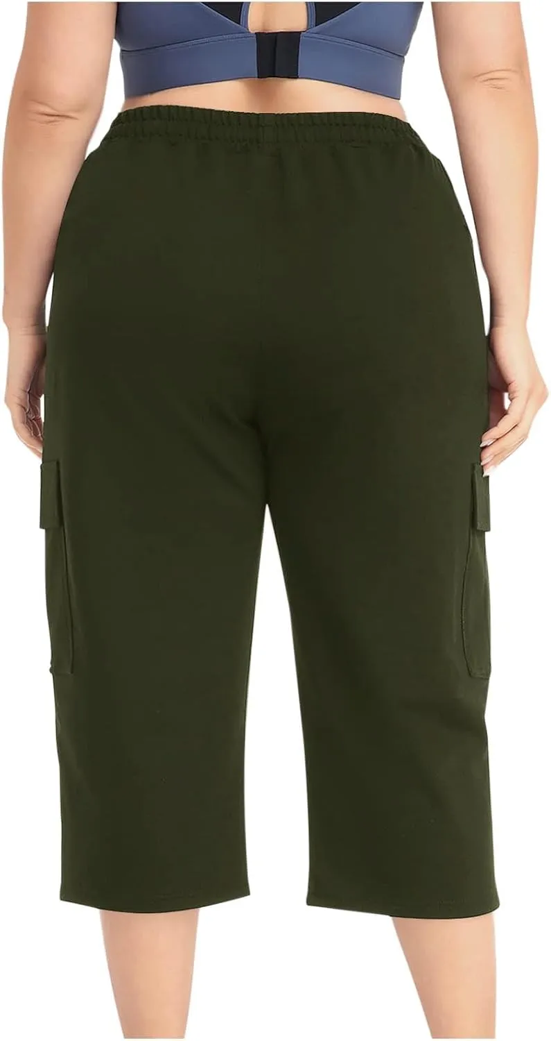Plus Size Capri Pants for Women Stretch Cropped Cargo Pants Drawstring Elastic Waist Wide Leg Loose Comfy Joggers