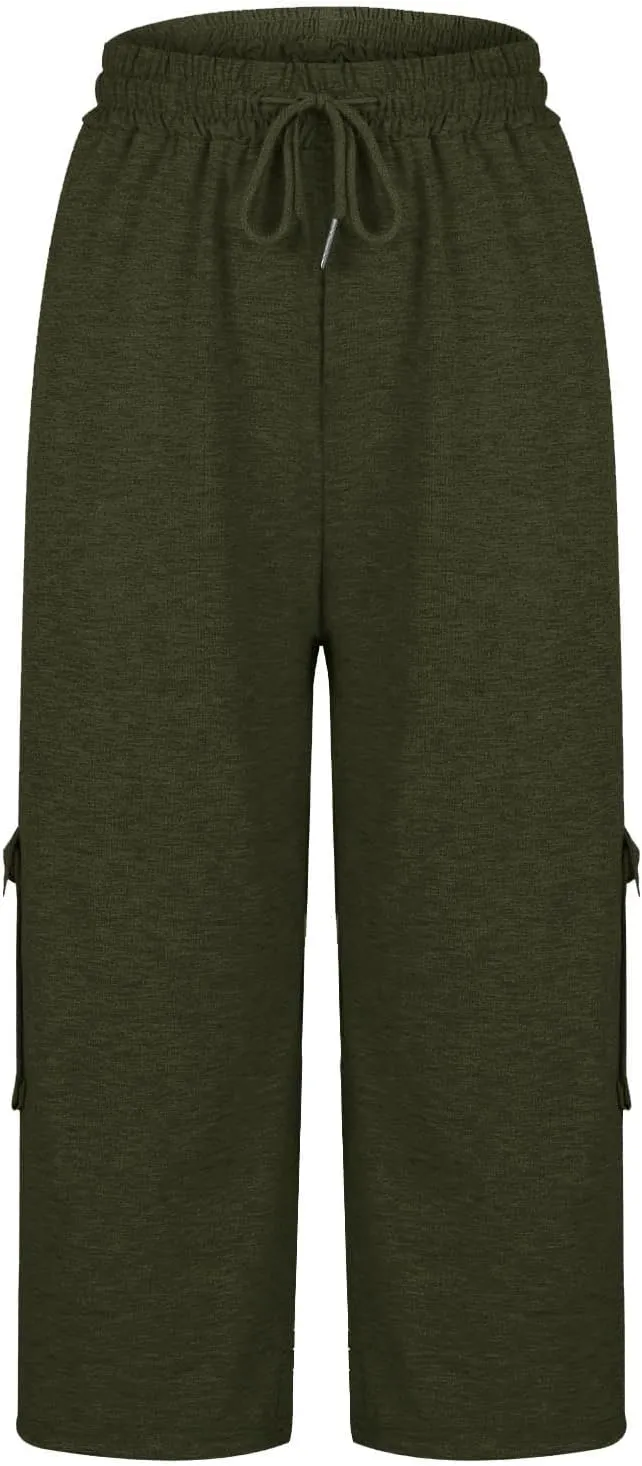 Plus Size Capri Pants for Women Stretch Cropped Cargo Pants Drawstring Elastic Waist Wide Leg Loose Comfy Joggers