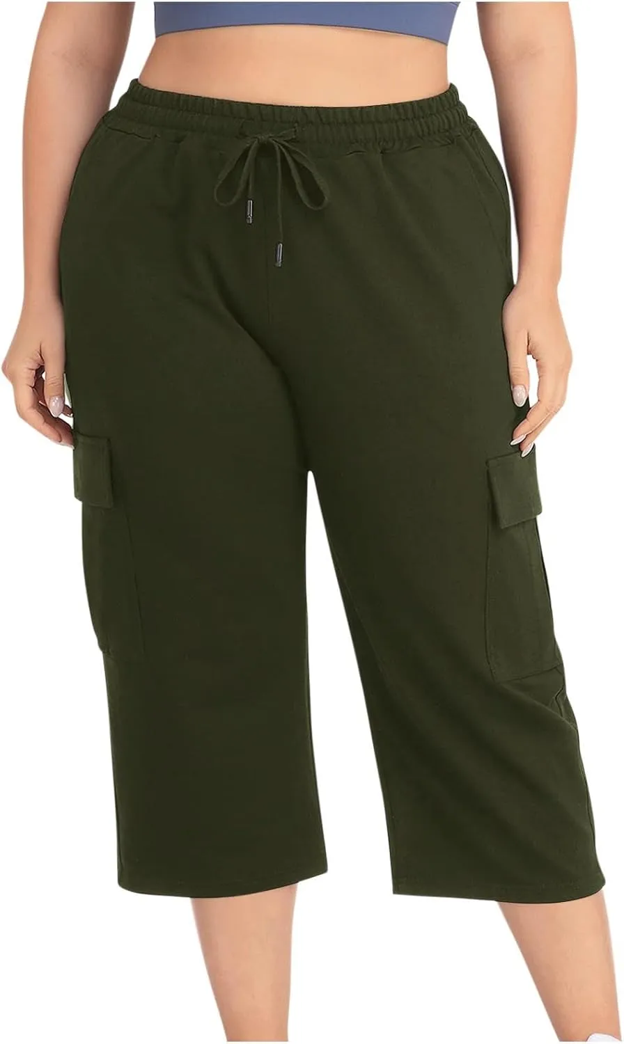 Plus Size Capri Pants for Women Stretch Cropped Cargo Pants Drawstring Elastic Waist Wide Leg Loose Comfy Joggers