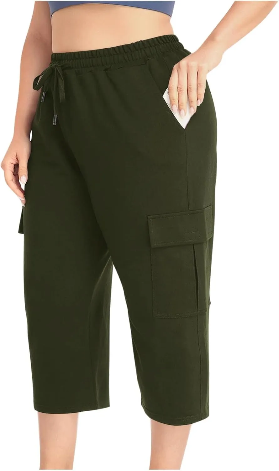 Plus Size Capri Pants for Women Stretch Cropped Cargo Pants Drawstring Elastic Waist Wide Leg Loose Comfy Joggers