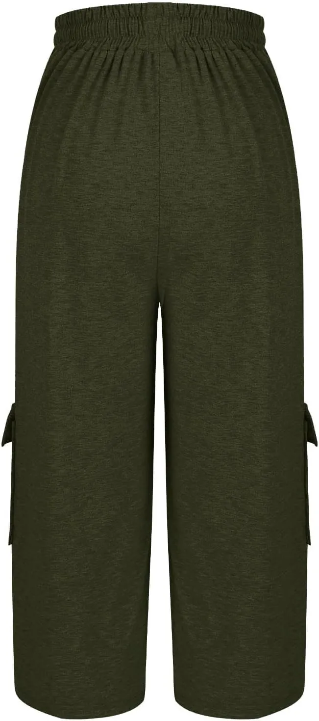 Plus Size Capri Pants for Women Stretch Cropped Cargo Pants Drawstring Elastic Waist Wide Leg Loose Comfy Joggers