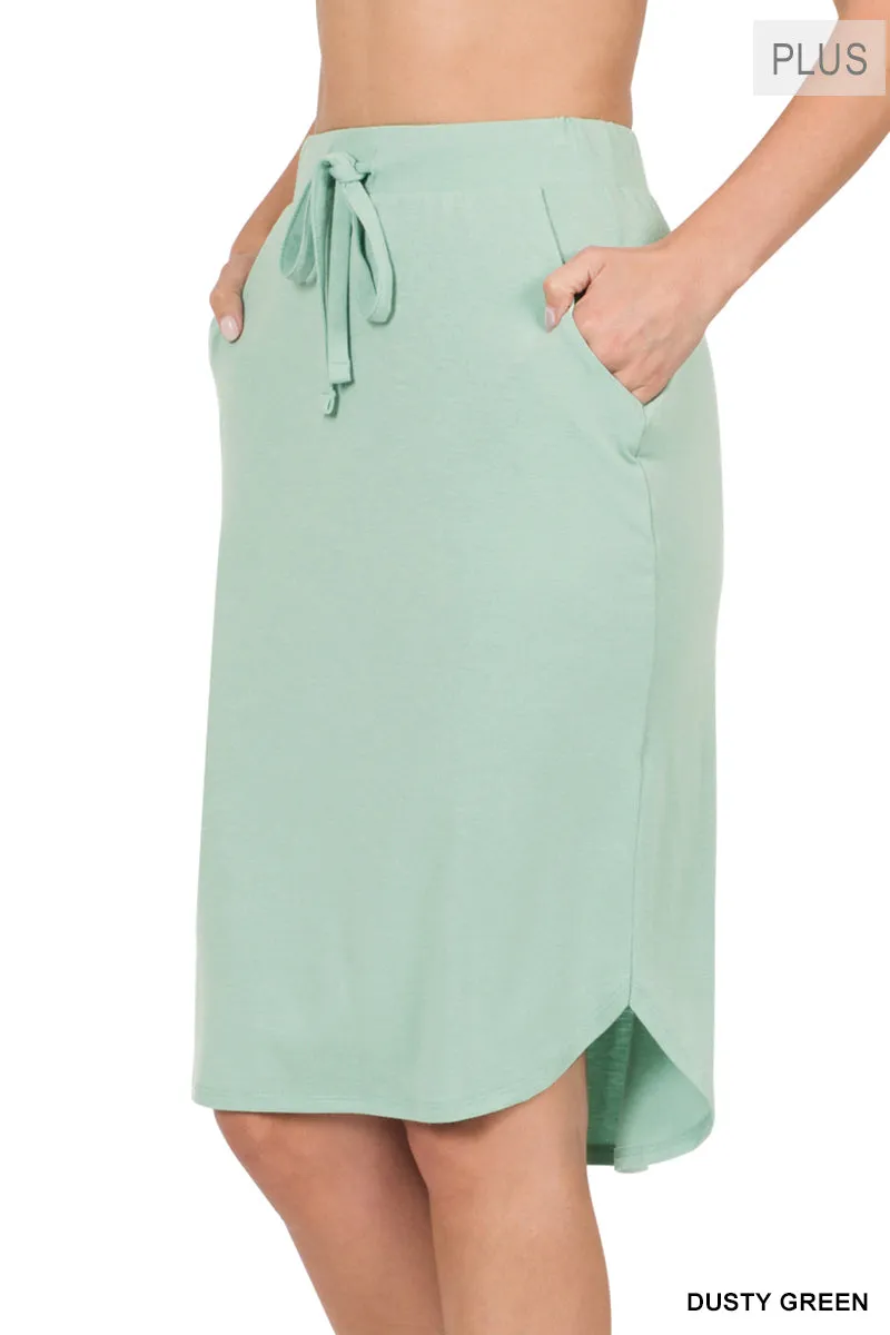 Plus Size Elastic Waist Self-Tie Knee Length Tulip Hem Midi Skirt with Side Pockets
