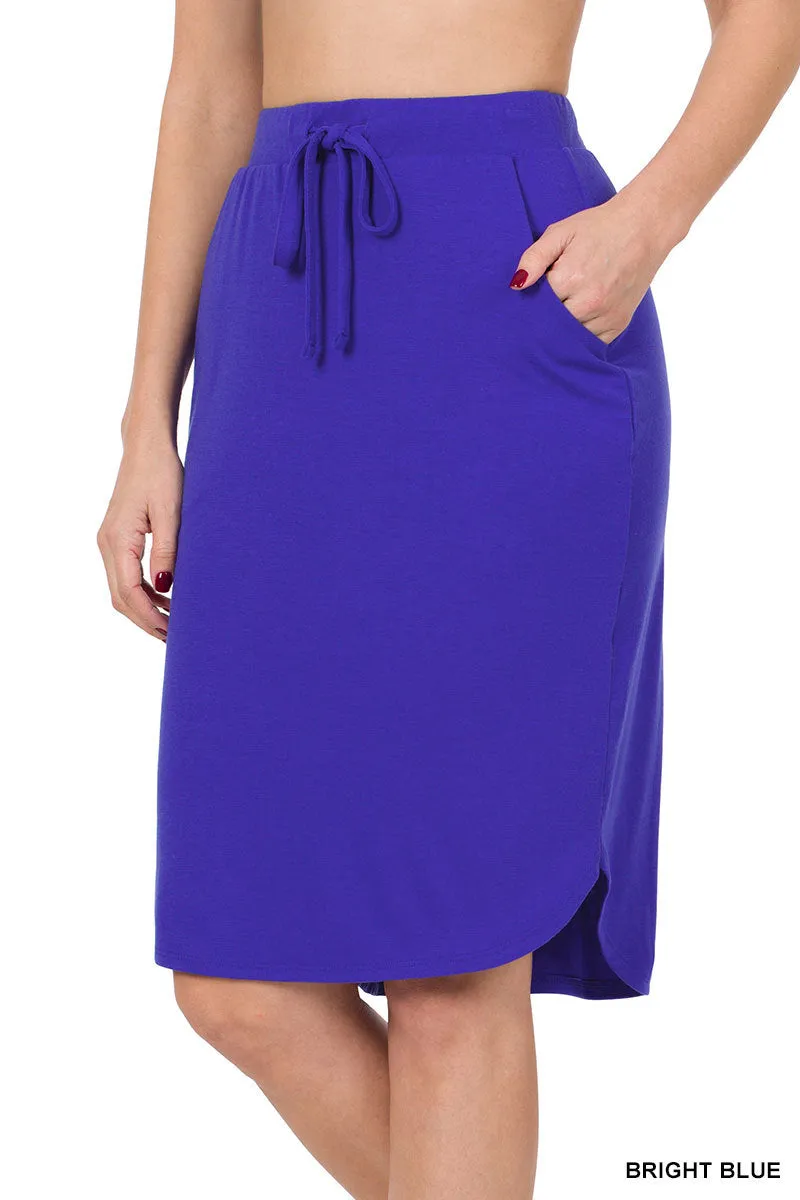 Plus Size Elastic Waist Self-Tie Knee Length Tulip Hem Midi Skirt with Side Pockets