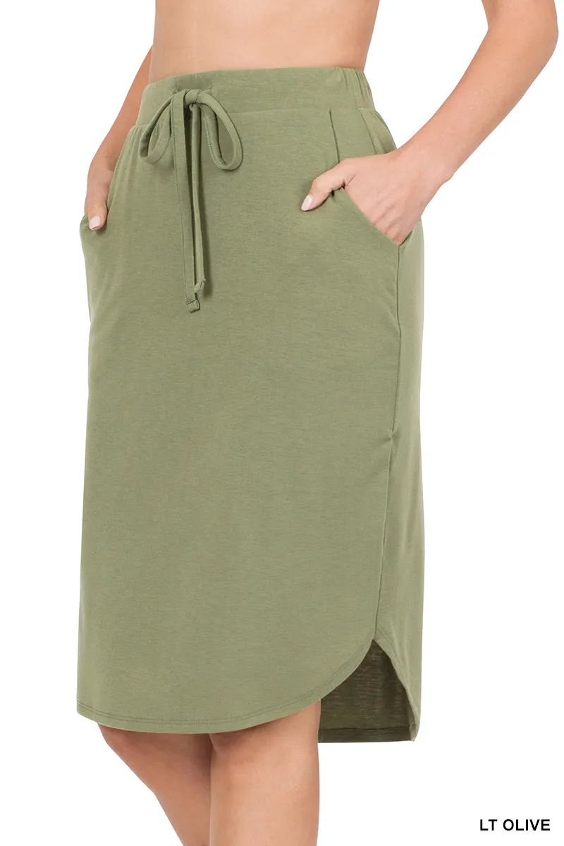 Plus Size Elastic Waist Self-Tie Knee Length Tulip Hem Midi Skirt with Side Pockets