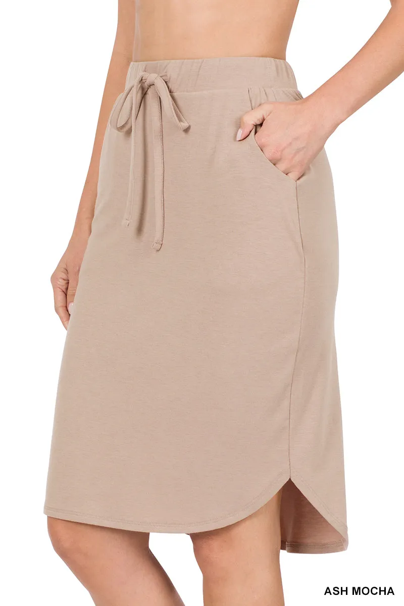 Plus Size Elastic Waist Self-Tie Knee Length Tulip Hem Midi Skirt with Side Pockets