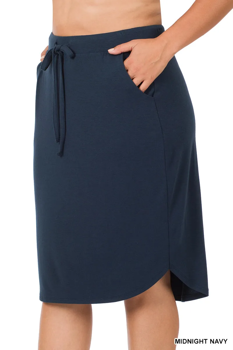 Plus Size Elastic Waist Self-Tie Knee Length Tulip Hem Midi Skirt with Side Pockets