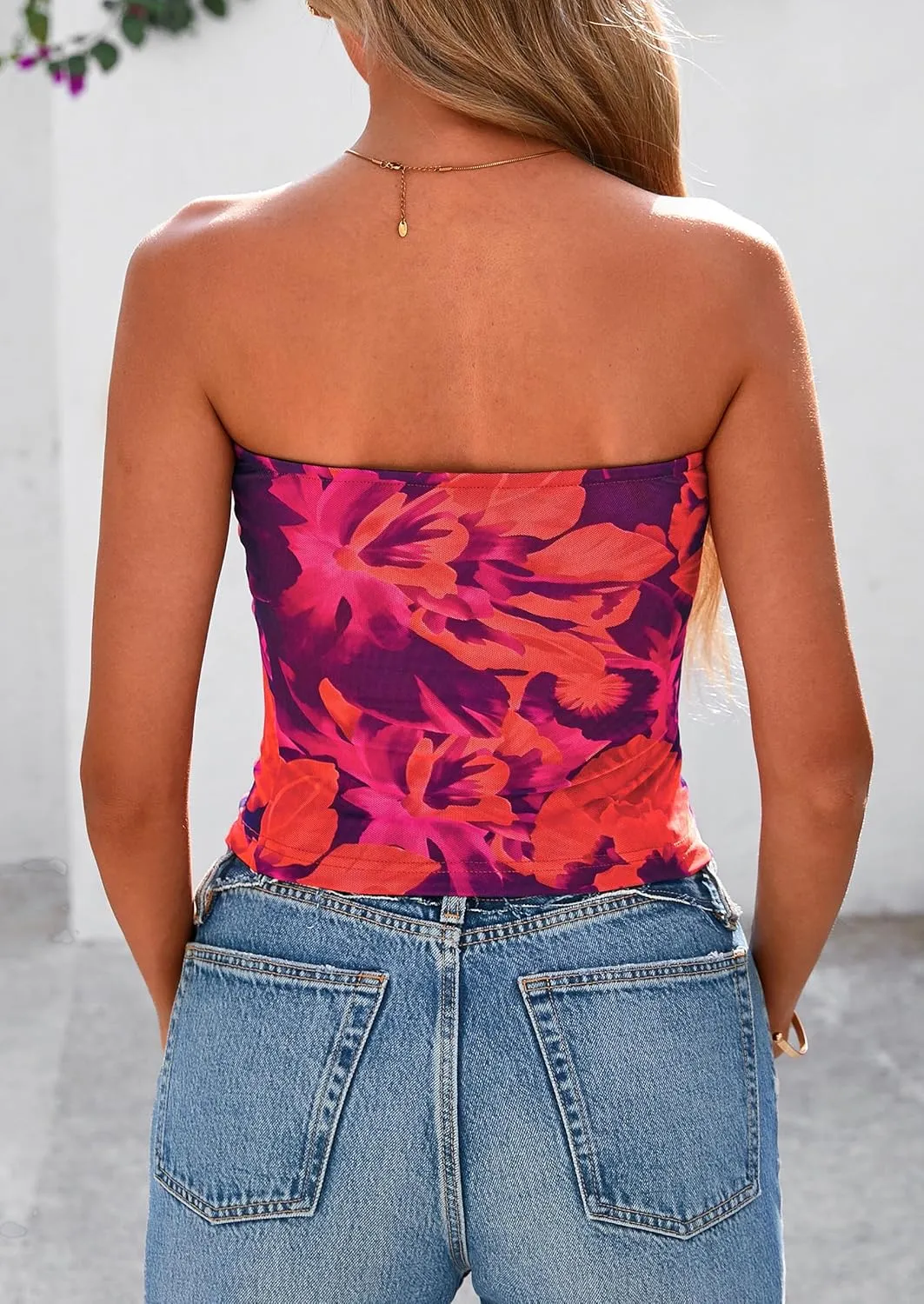 PRETTYGARDEN Strapless Tube Tops for Women 2025 Summer Mesh Floral Y2K Bandeau Cute Crop Top Trendy Going Out Outfits