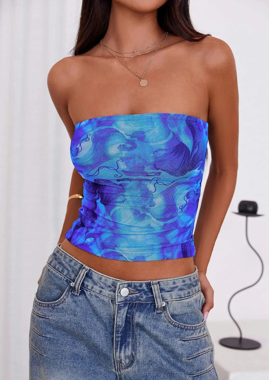 PRETTYGARDEN Strapless Tube Tops for Women 2025 Summer Mesh Floral Y2K Bandeau Cute Crop Top Trendy Going Out Outfits