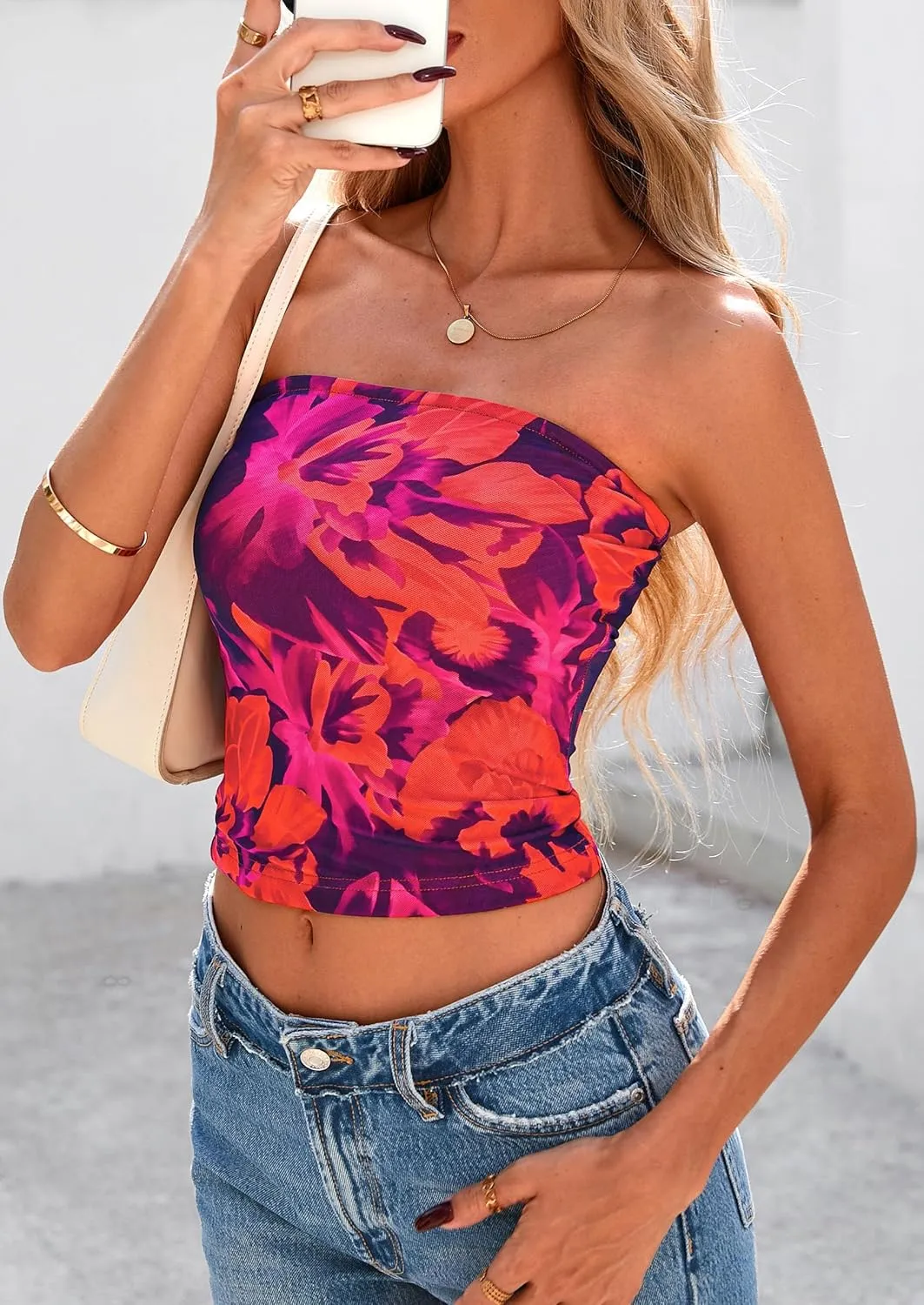 PRETTYGARDEN Strapless Tube Tops for Women 2025 Summer Mesh Floral Y2K Bandeau Cute Crop Top Trendy Going Out Outfits