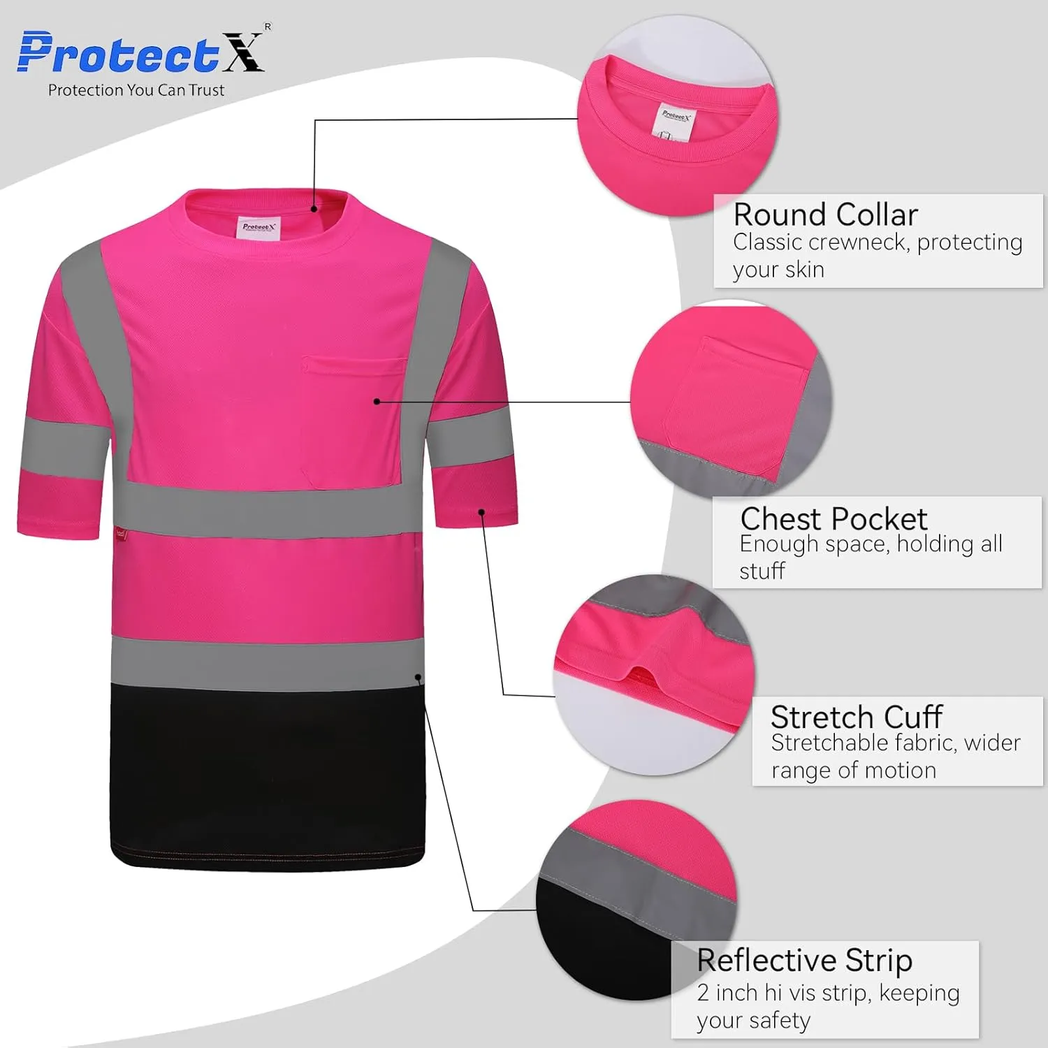 ProtectX High Visibility Short Sleeve Reflective Safety T-Shirt, Men's Heavy Duty Breathable Hi Vis Shirts, Class 2 Type R