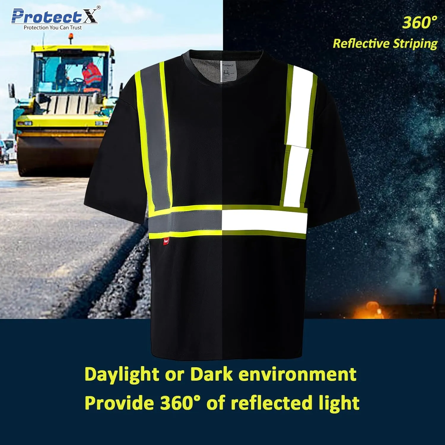 ProtectX High Visibility Short Sleeve Reflective Safety T-Shirt, Men's Heavy Duty Breathable Hi Vis Shirts, Class 2 Type R