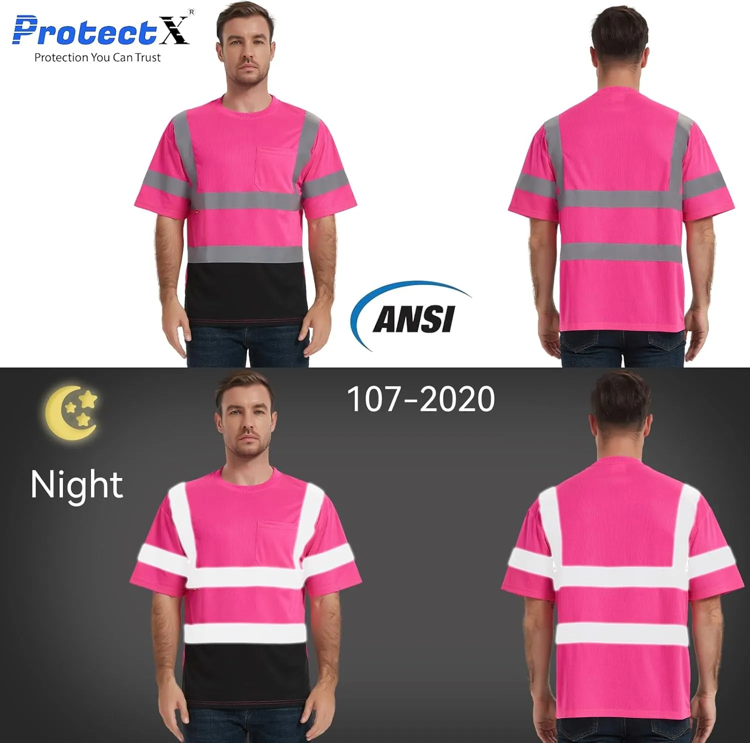 ProtectX High Visibility Short Sleeve Reflective Safety T-Shirt, Men's Heavy Duty Breathable Hi Vis Shirts, Class 2 Type R