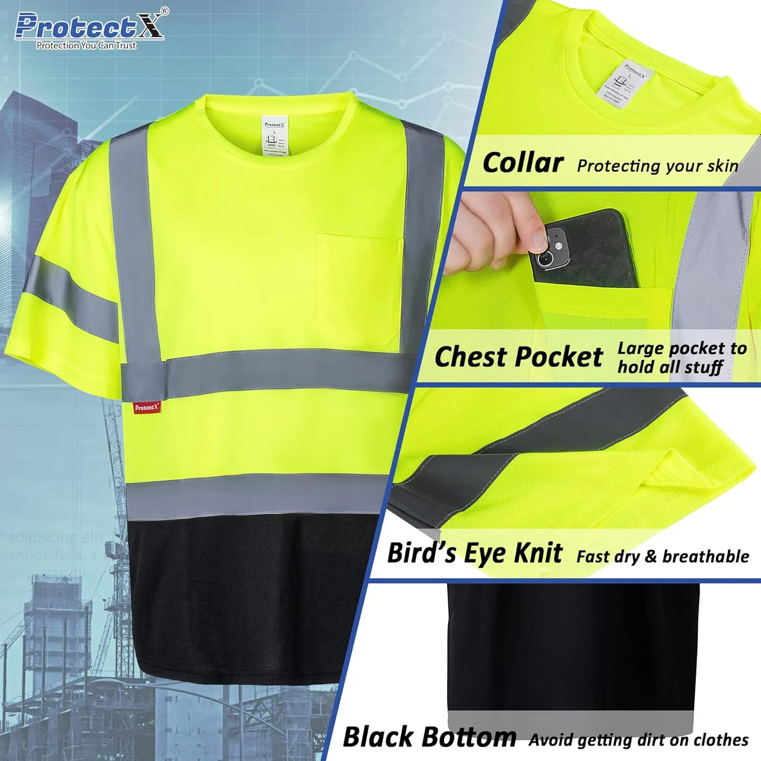 ProtectX High Visibility Short Sleeve Reflective Safety T-Shirt, Men's Heavy Duty Breathable Hi Vis Shirts, Class 2 Type R