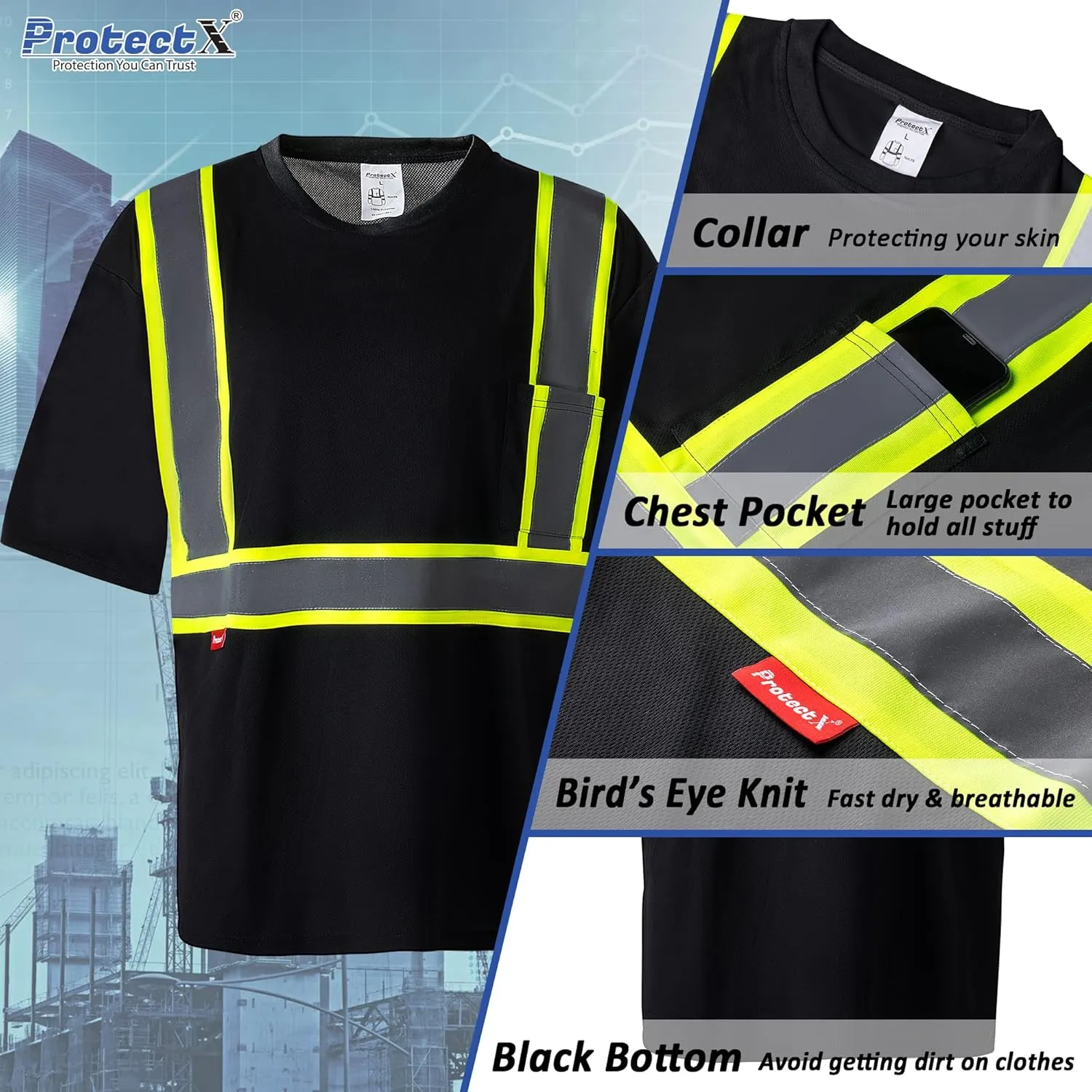 ProtectX High Visibility Short Sleeve Reflective Safety T-Shirt, Men's Heavy Duty Breathable Hi Vis Shirts, Class 2 Type R
