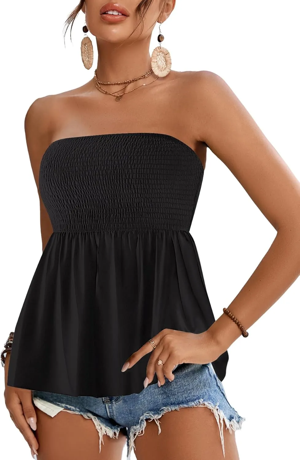 Rooscier Women's Smocked Tube Tops Ruffle Hem Sleeveless Peplum Bandeau Strappy Cami Tank