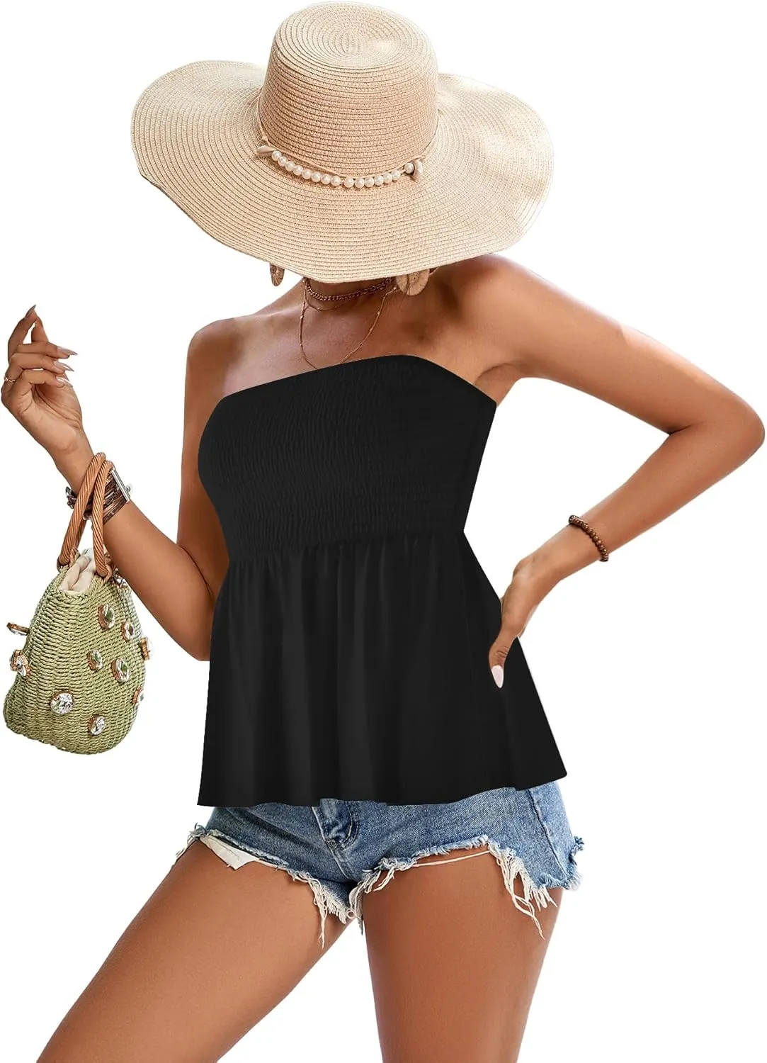 Rooscier Women's Smocked Tube Tops Ruffle Hem Sleeveless Peplum Bandeau Strappy Cami Tank