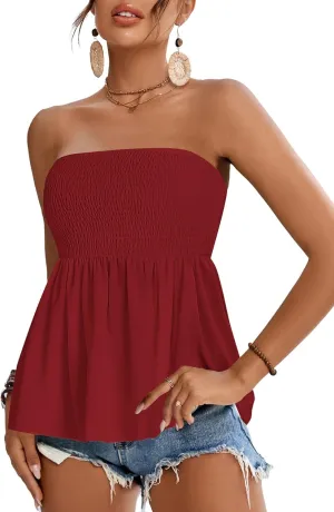 Rooscier Women's Smocked Tube Tops Ruffle Hem Sleeveless Peplum Bandeau Strappy Cami Tank