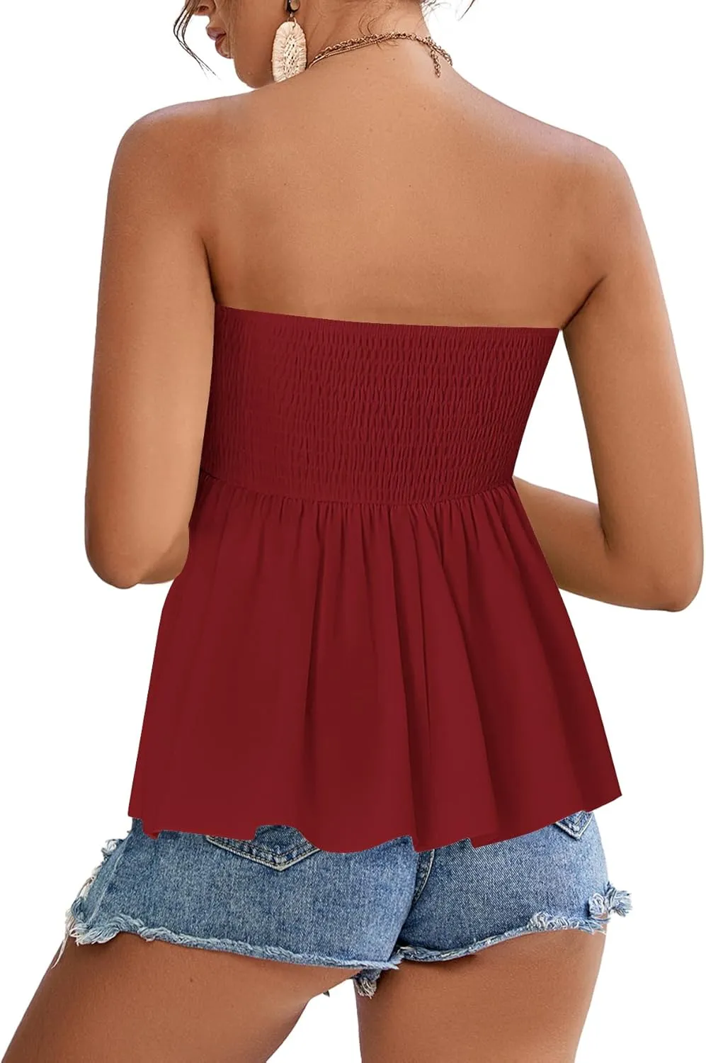 Rooscier Women's Smocked Tube Tops Ruffle Hem Sleeveless Peplum Bandeau Strappy Cami Tank