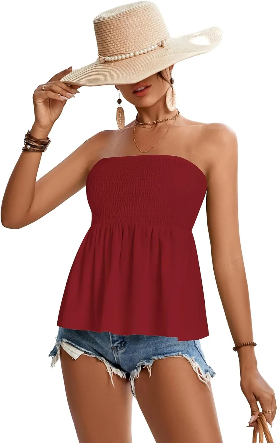 Rooscier Women's Smocked Tube Tops Ruffle Hem Sleeveless Peplum Bandeau Strappy Cami Tank