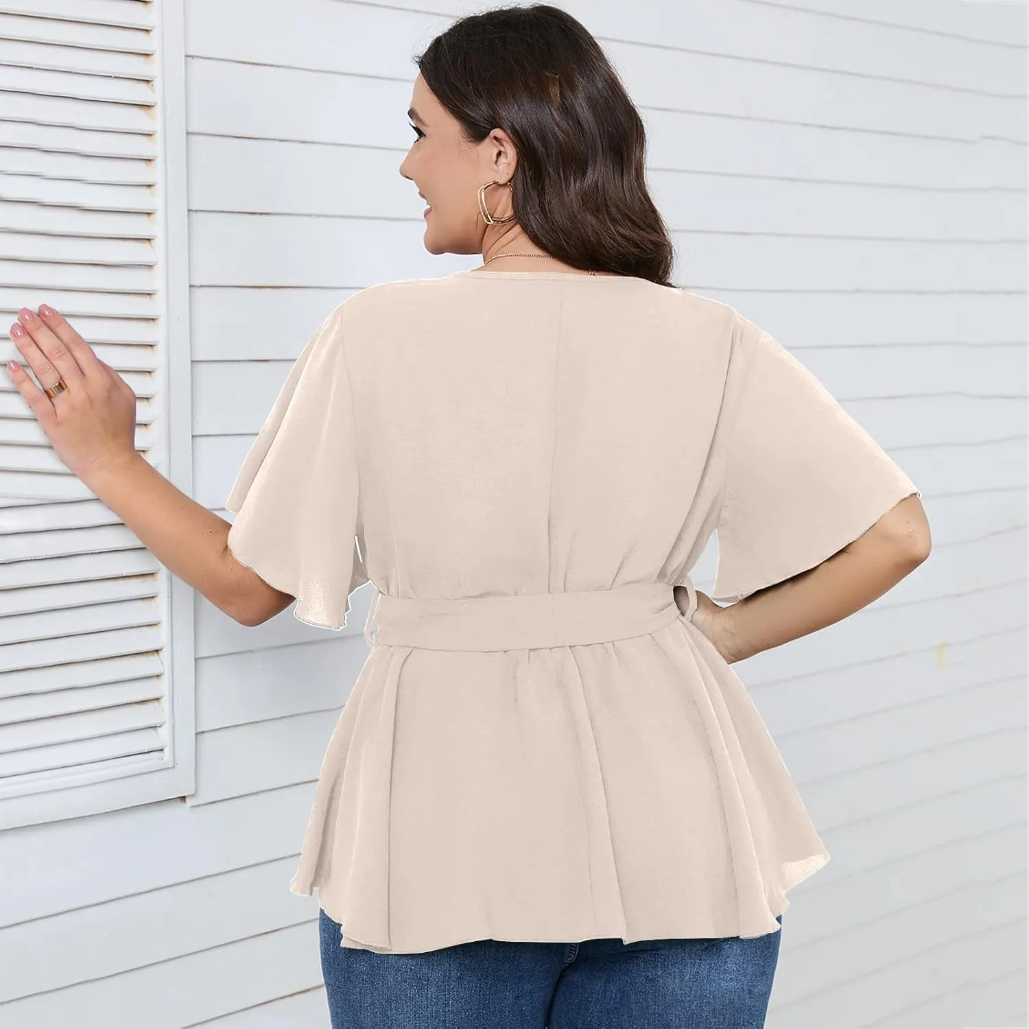 SCOMCHIC Women's Plus Size Short Sleeve V Neck Wrap Belted Ruffle Peplum Blouse Tops