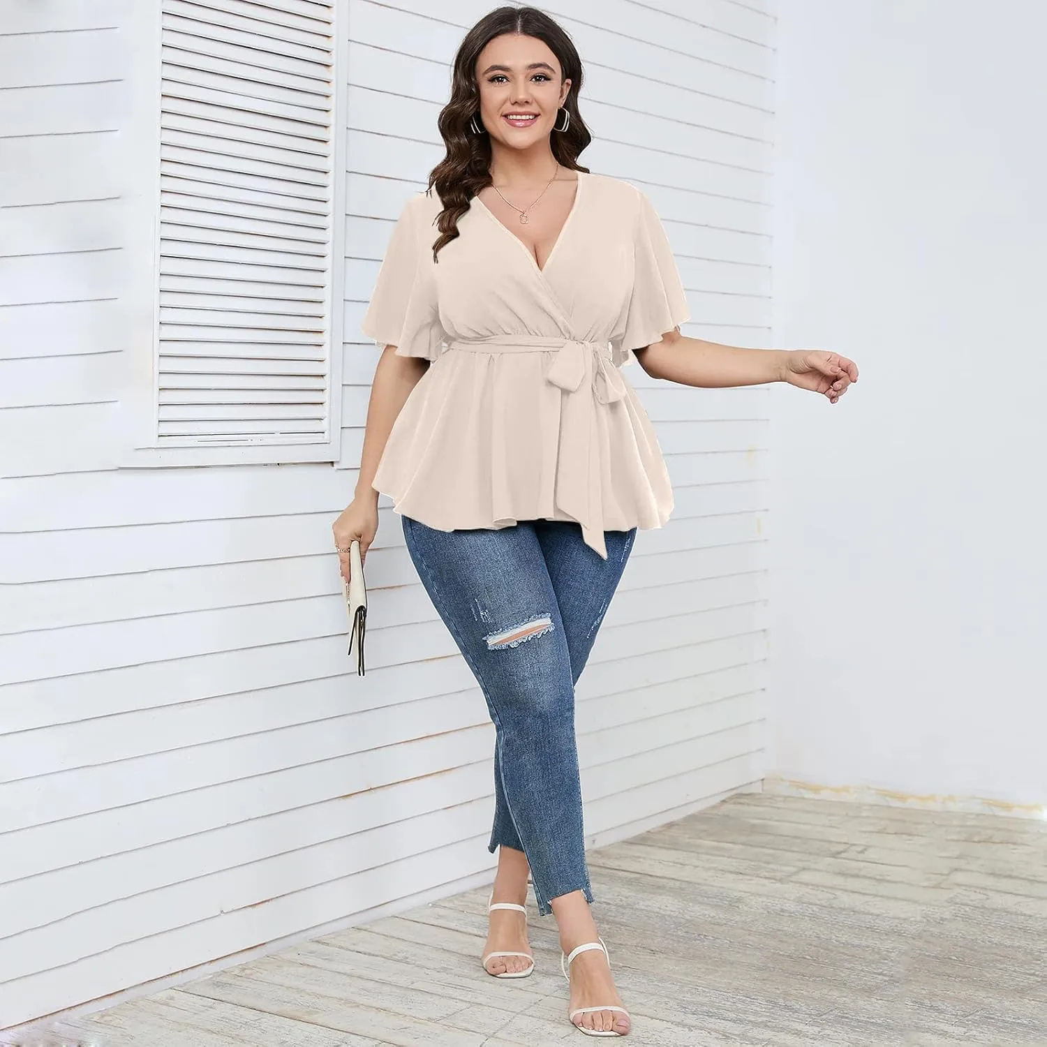 SCOMCHIC Women's Plus Size Short Sleeve V Neck Wrap Belted Ruffle Peplum Blouse Tops