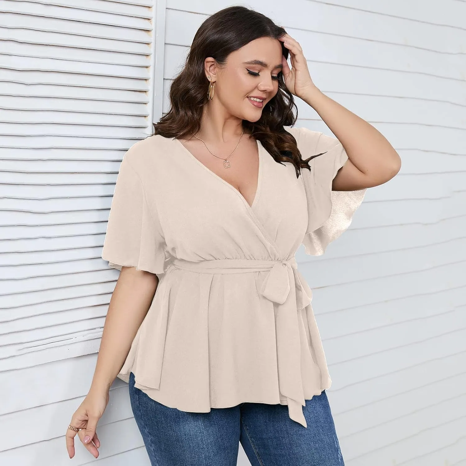 SCOMCHIC Women's Plus Size Short Sleeve V Neck Wrap Belted Ruffle Peplum Blouse Tops