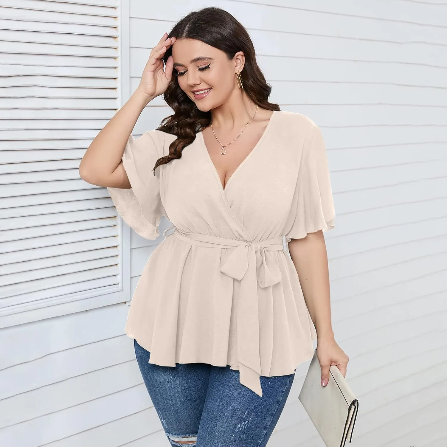 SCOMCHIC Women's Plus Size Short Sleeve V Neck Wrap Belted Ruffle Peplum Blouse Tops