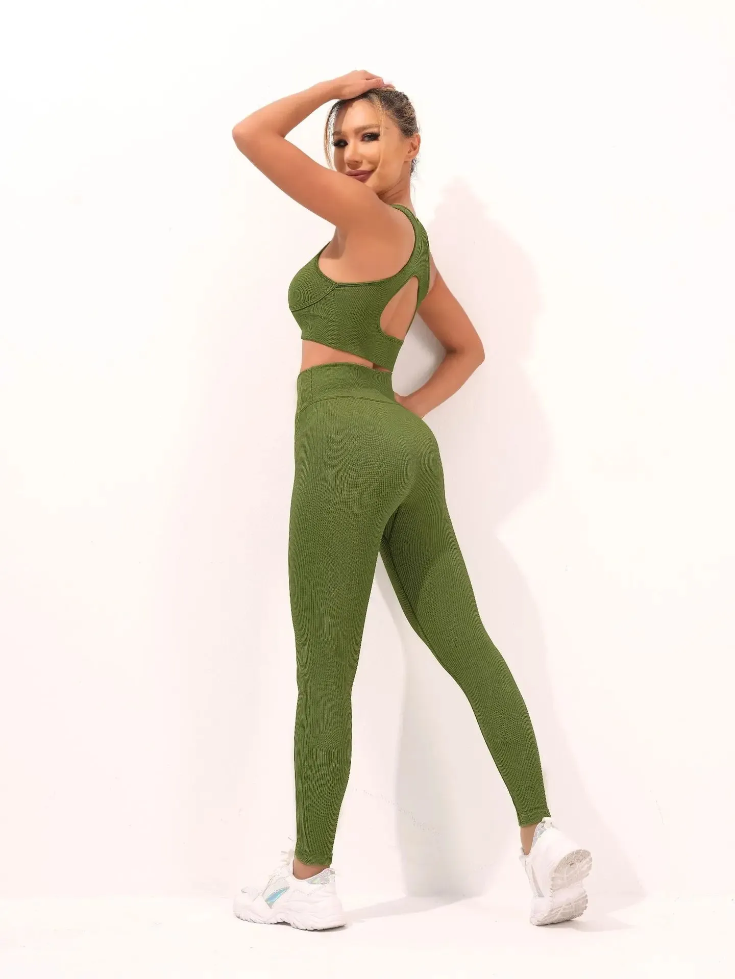 Seamless Thread Yoga Suit activewear Backless Cross Over Bra Sports Vest High Waist Butt Lift Cross Over Shorts Leggings Jumpsuit for Women