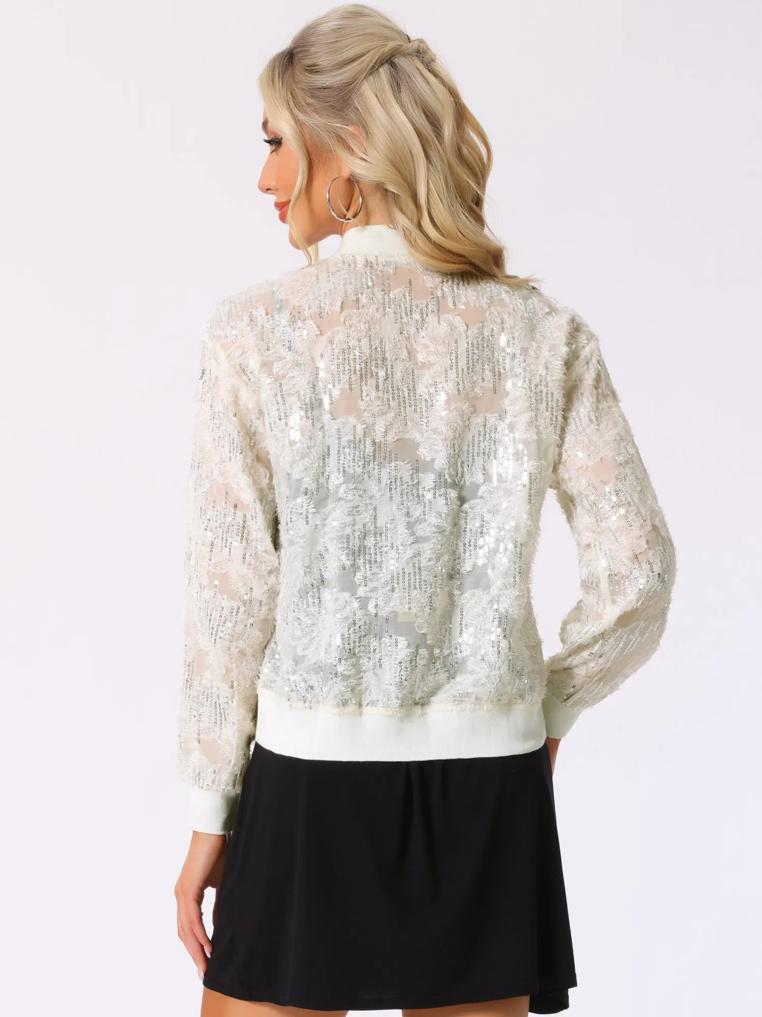 Sequin Long Sleeve Zipper Textured Bomber Jacket