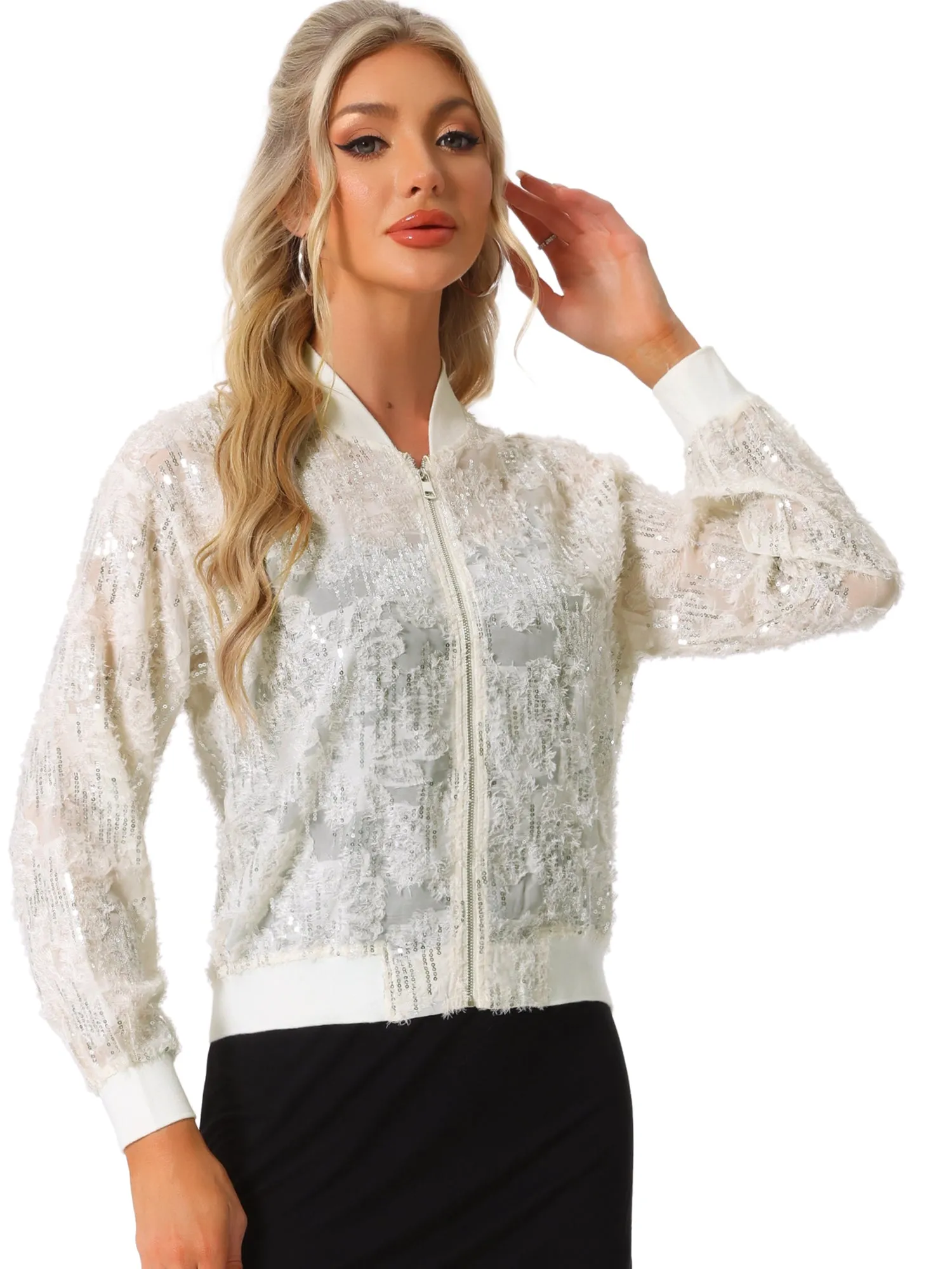 Sequin Long Sleeve Zipper Textured Bomber Jacket