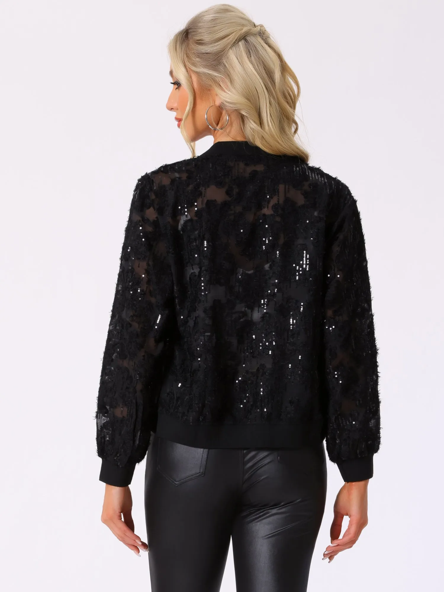Sequin Long Sleeve Zipper Textured Bomber Jacket