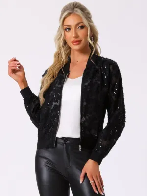 Sequin Long Sleeve Zipper Textured Bomber Jacket