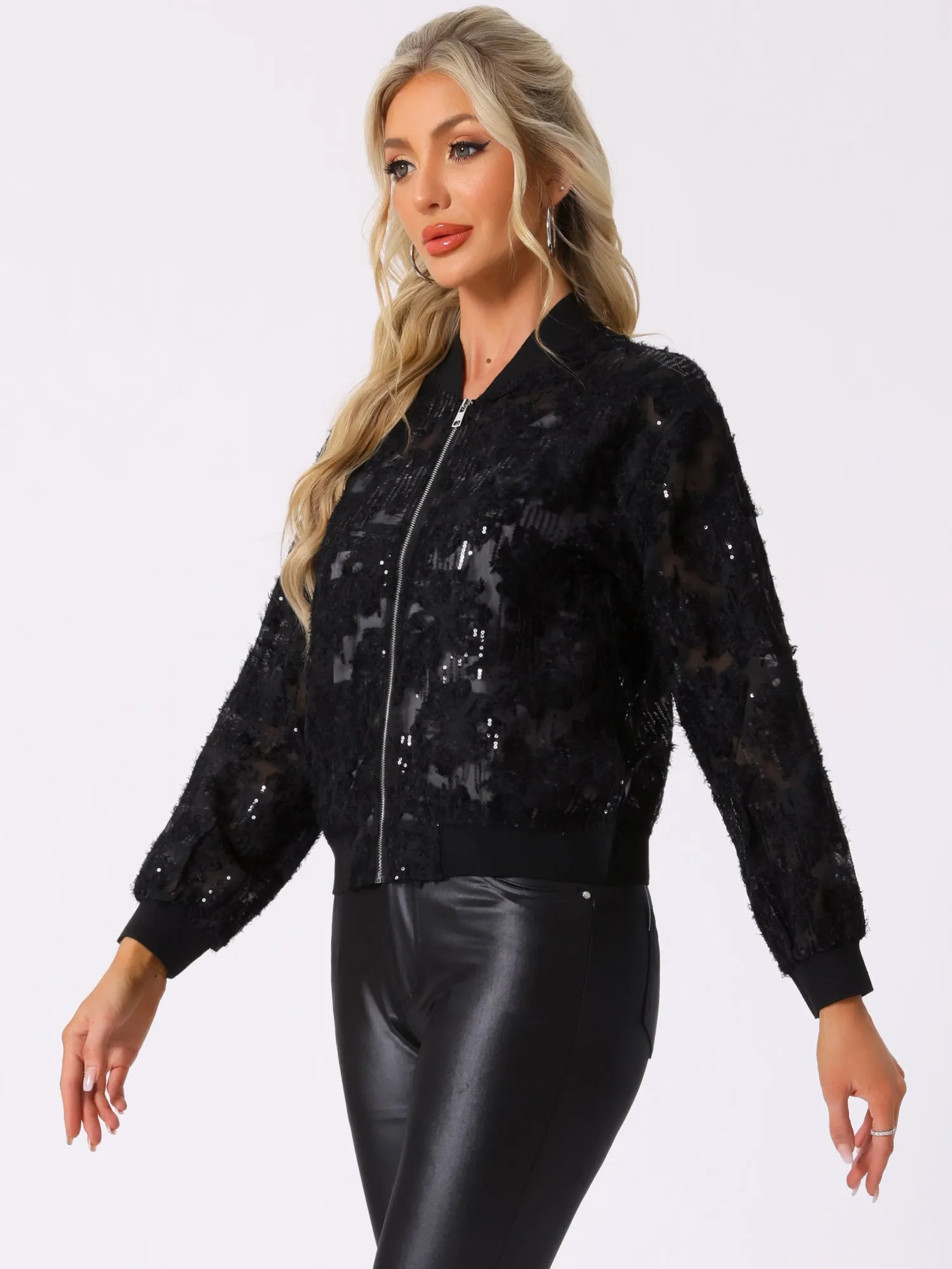 Sequin Long Sleeve Zipper Textured Bomber Jacket