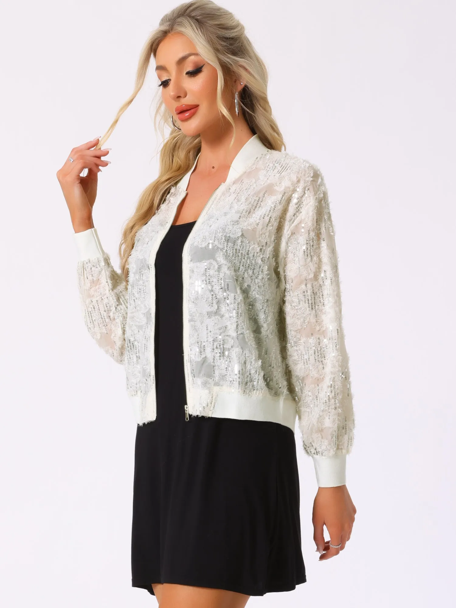 Sequin Long Sleeve Zipper Textured Bomber Jacket