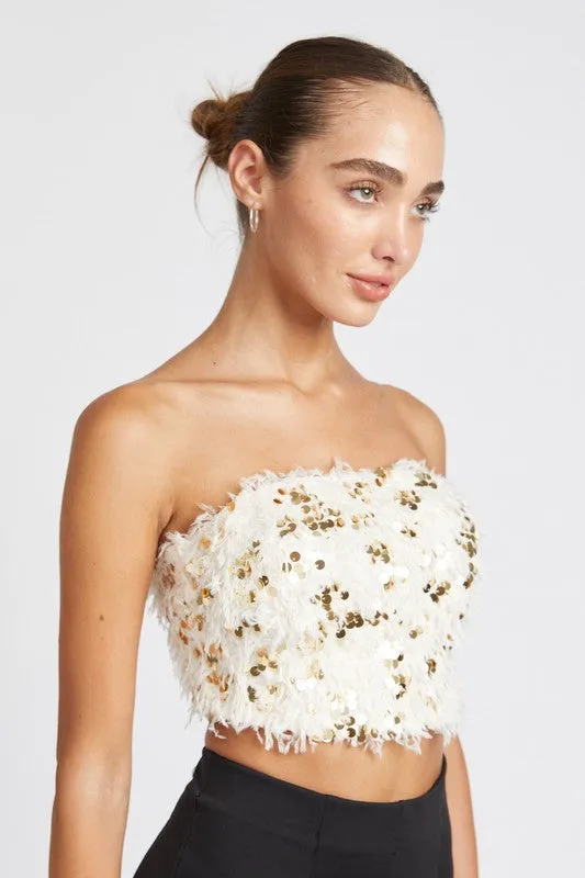Sequin Sweetheart Crop Top Women's Strapless Party Shirt Faux Fur