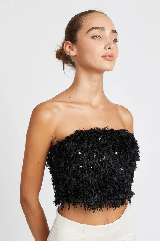 Sequin Sweetheart Crop Top Women's Strapless Party Shirt Faux Fur