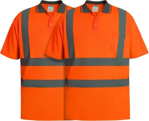 SHORFUNE 2 Pack High Visibility Safety Polo Shirts Short Sleeve, Hi Vis Reflective Construction Work Shirts with Reflective Strips and Front Pocket, ANSI/ISEA Class 2 Compliant, Orange, L
