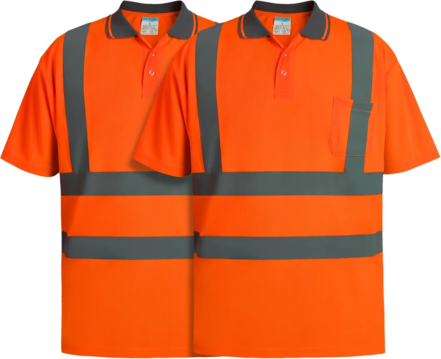 SHORFUNE 2 Pack High Visibility Safety Polo Shirts Short Sleeve, Hi Vis Reflective Construction Work Shirts with Reflective Strips and Front Pocket, ANSI/ISEA Class 2 Compliant, Orange, L